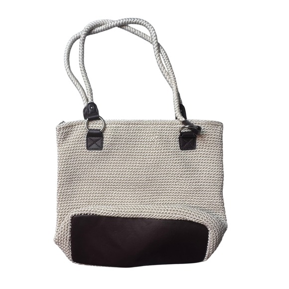 Croft & Barrow Tote Bag Womens Cream Brown Newport Crochet Knit Shoulder Bag - Picture 2 of 8